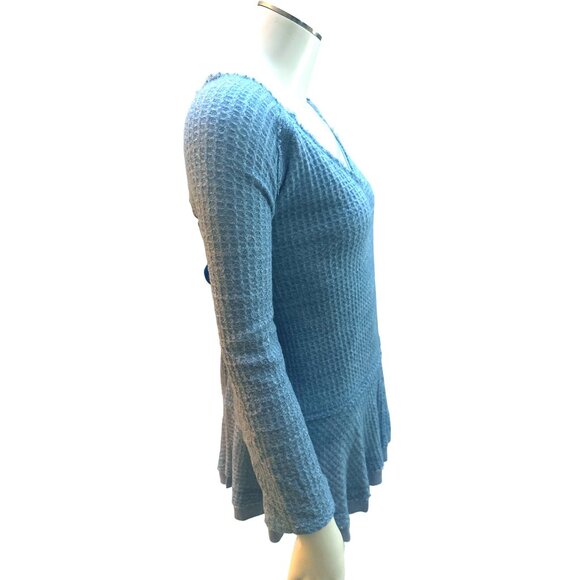 Chrysanthemum Waffle Knit Blue Off Shoulder Long Sleeve Tunic Sweater L - Picture 2 of 7